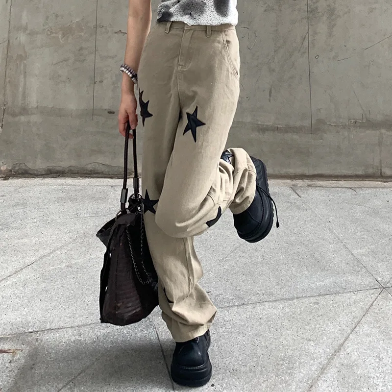 

90s European and American high street hip-hop loose black Star printing straight wide leg jeans Y2K retro Harajuku jeans unisex