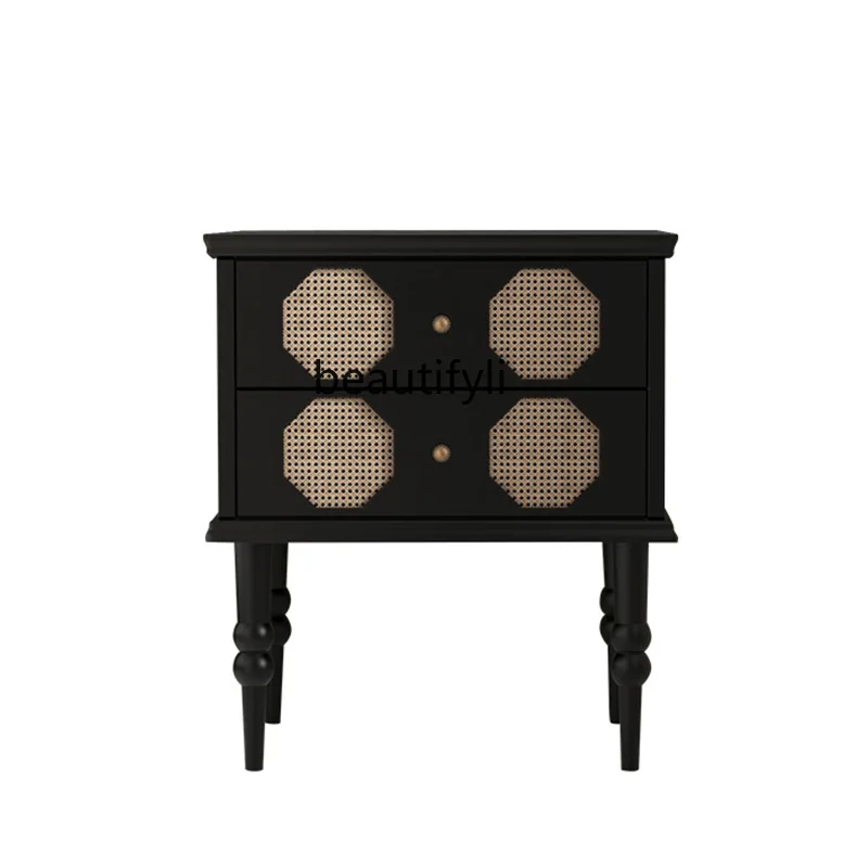 

Rattan Mid-Ancient Bedside Table French Retro Solid Wood Locker Side Table Storage Cabinet Bedside Cabinet