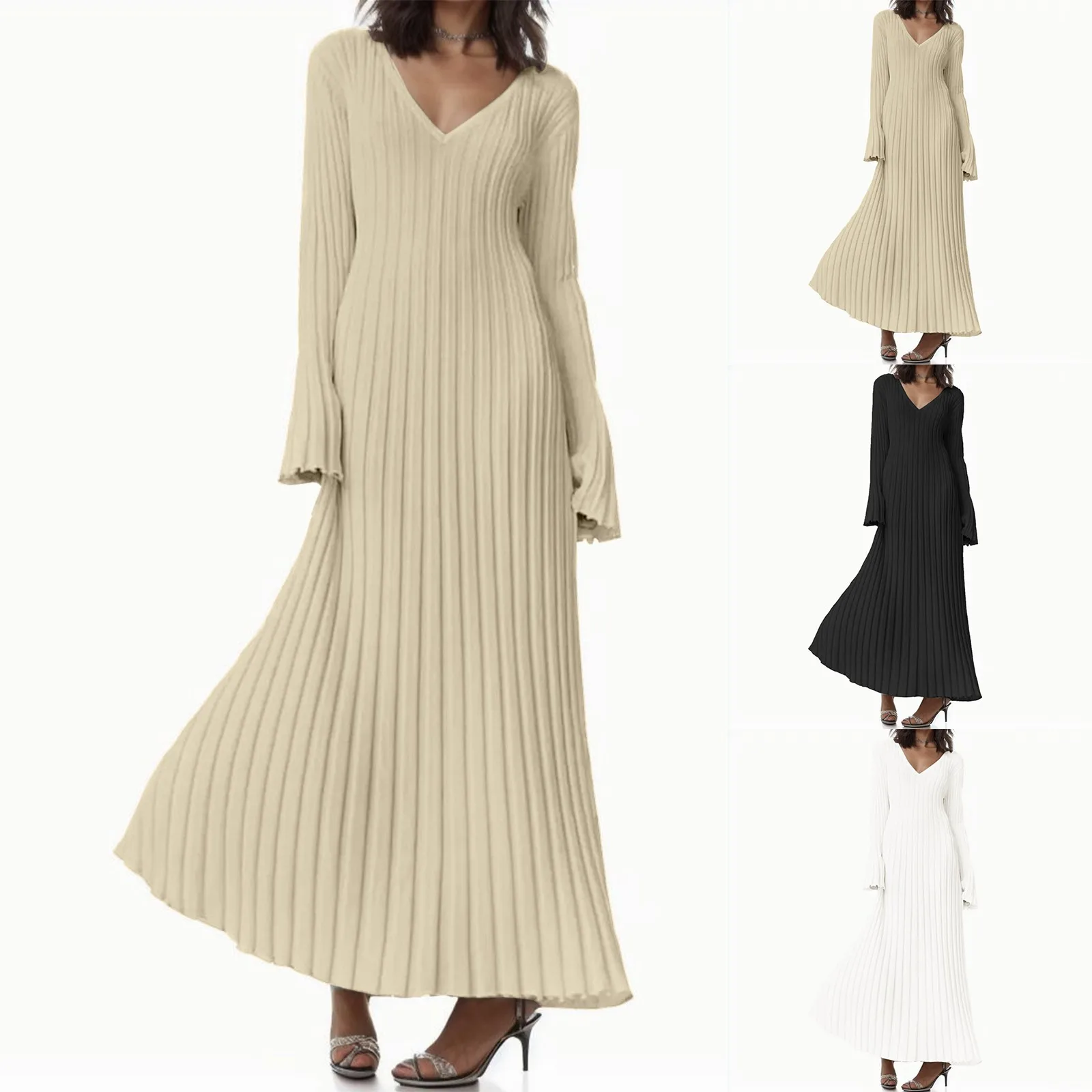 Women Knitted Long Dress Autumn Winter 2023 Elegant Pleated Aline Midi Dresses Female Vneck