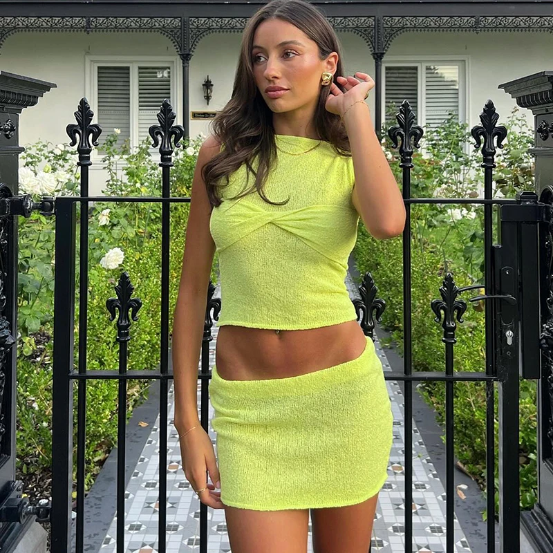 CUTENOVA Summer Women Sexy Dress Skirt Matching Y2K Two Piece Set Runched Mini Crop Tops Club Knitted Fashion Skirt Beach Set 20