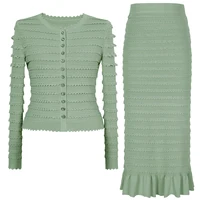 Four Color High-quality New Fashionable Knitted Lace Rhinestone Top Cardigan Jacket+slim Split Ruffle Edge Half Skirt Set