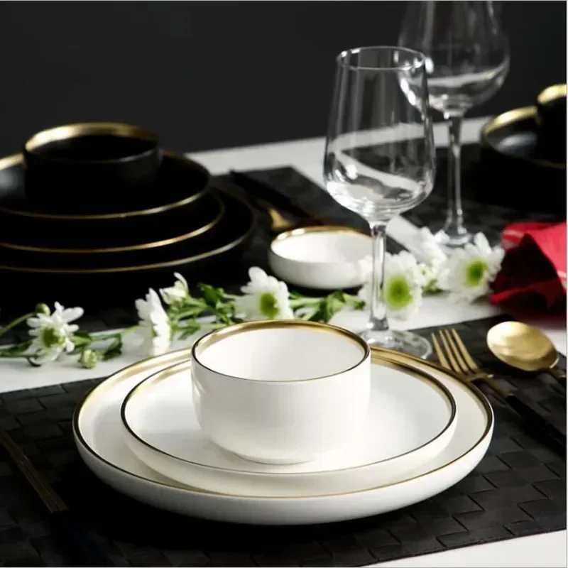 Ceramic Kitchen Plates Gold Sets Inlay Dinner Steak Service Plates Bowls Salad Cake Dish Serving Tray Dessert Tableware