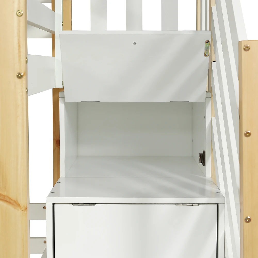 PINGGO Weißes Naturholz-Etagenbett 90x200cm mit Stauraum-Treppe Hausbett-Design Fallschirmgitterfenster Kiefer MDF Ohne Matratze – Detail 21