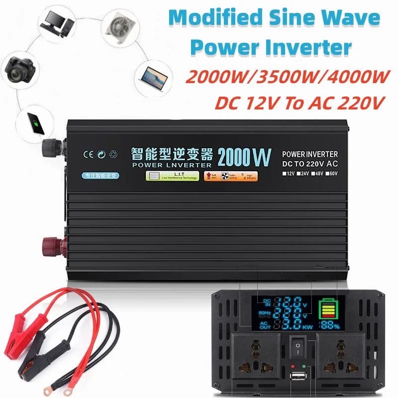 

2000W/3500W/4000W Car Modified Sine Wave Power Inverter DC 12V To AC 220V Intelligent Digital Display Car Power Inverter