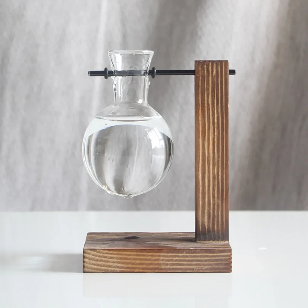 Bulb Vase Transparent with Wooden Stand Desktop Glass Planter for Hydroponics Plants Coffee Shop Room Decor