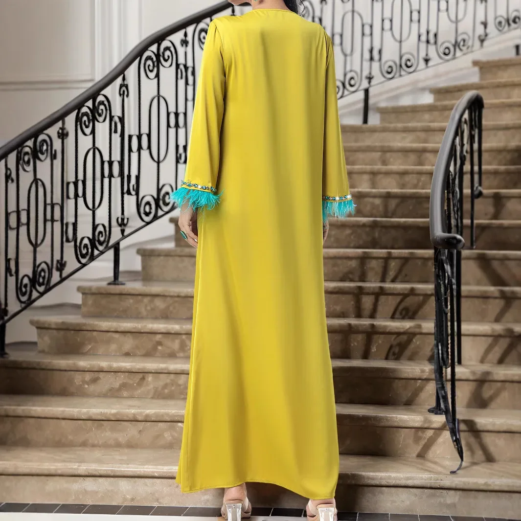 2025 عيد جلابة مسلم الماس رداء خليط ريشة المرأة فس...