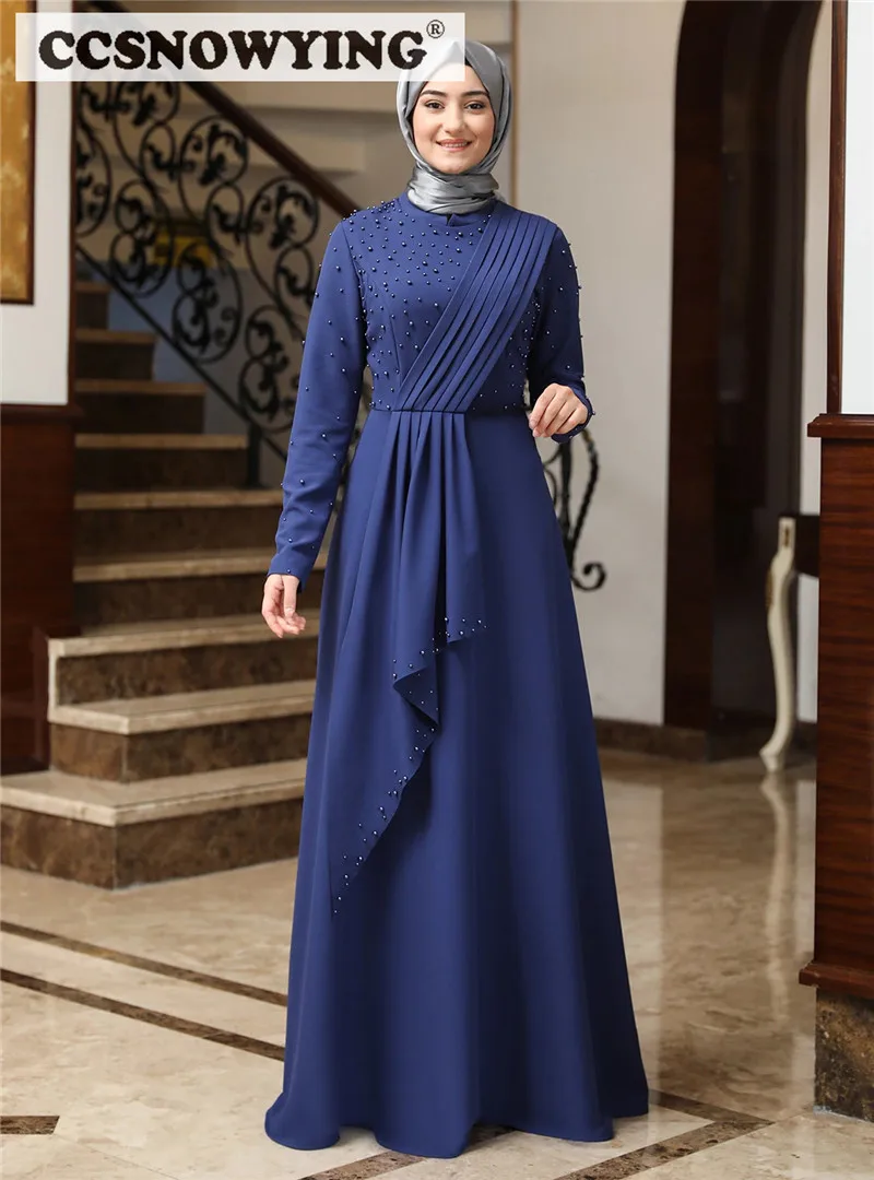 

Long Sleeve Muslim Hijab Evening Dresses Pearls High Neck Islamic Formal Party Gown Women Prom Dress Arabic Dubai Robe De Soiree