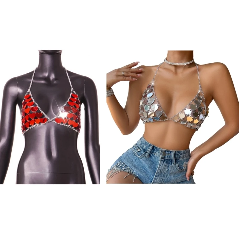 

Womens Sexy Hollows Out Outfit Glitter Bra Tops Club Festival Beachs Party Mirrors Skirts fir Summer 10CF