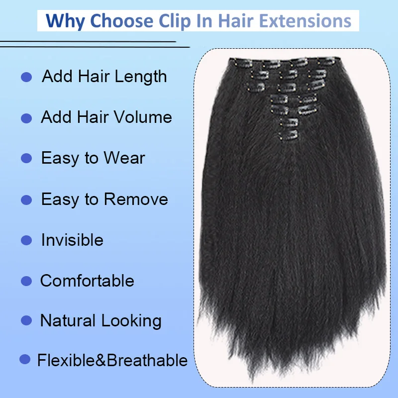 LUPU Synthetic Kinky Straight Clip In Hair Extensions For Women 7 Pcs 16 Clips Full Head Yaki Straight Clip In Hair Extensions