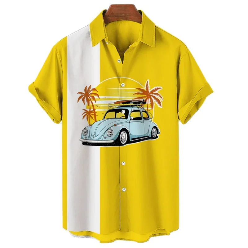 

2024 Hawaii Casual Shirt 3D Shirt Men's Clothing Coconut Tree Car Print Women's Single Breasted Shirt 6XL Lapel Shirt