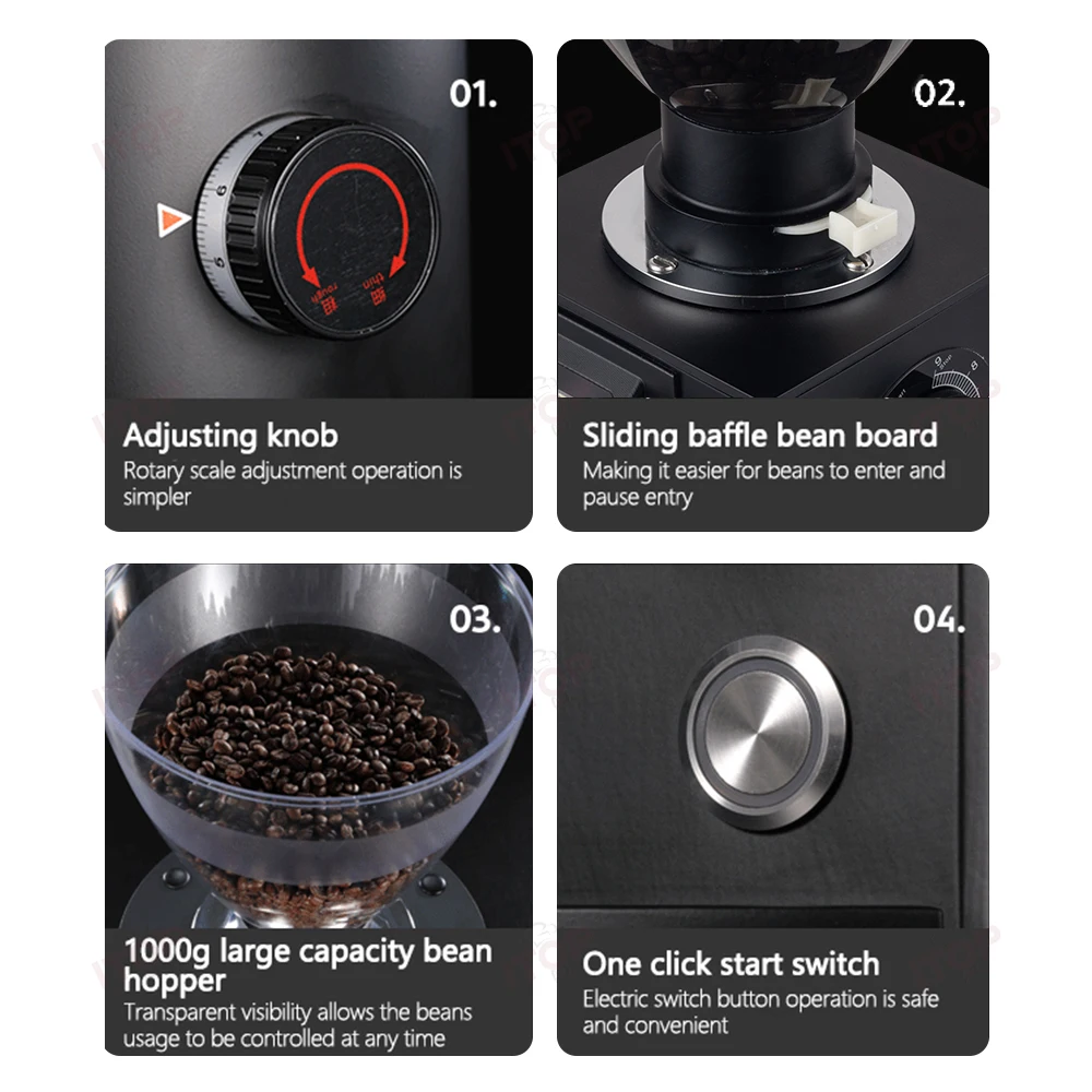 ITOP TCG64 Commercial Coffee Grinder 64mm Flat Burr 1000g Bean Hopper Time Quantification Espresso Coffee Grinding Machine 6