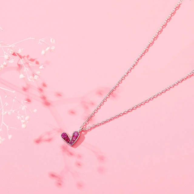 

925 Sterling Silver Korea Style Cute Romantic Spinel Heart Pendant Necklaces Women Pink Love Necklace Wedding Anniversary Gifts