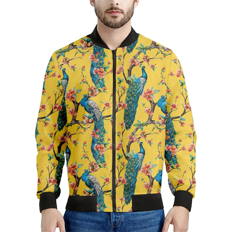thumbnail image 1 of Chaqueta con cremallera y estampado de plumas de pavo real para hombre, chaqueta con cremallera y estampado floral en 3D, sudadera con capucha para primavera y otoño, 1 of 5