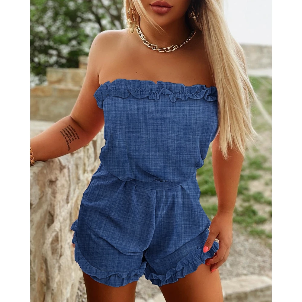 Summer Women Denim Look Print Frill Hem Bandeau Tied Detail Romper 2023 Sexy Sleeveless One Piece Blue Outfits Streetwear
