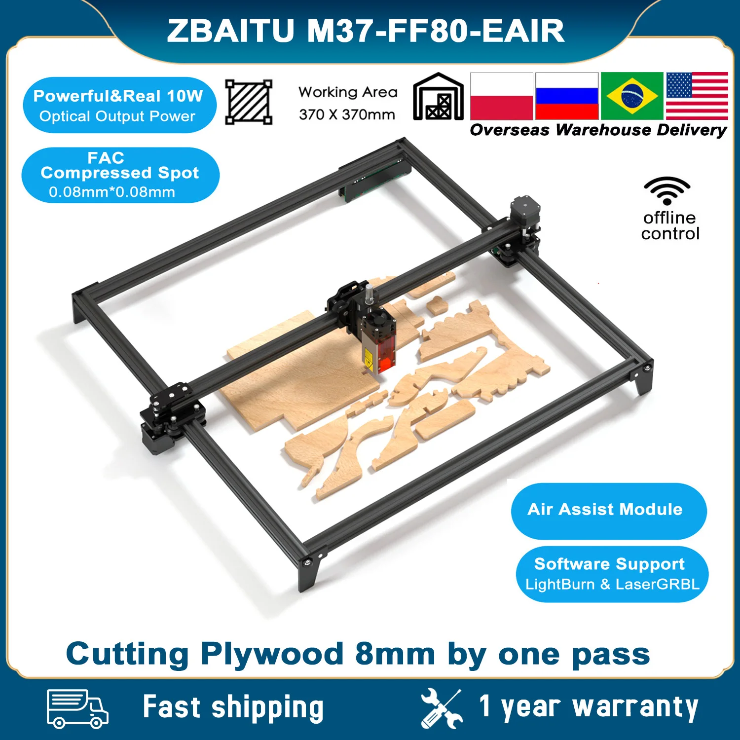 ZBAITU M37 Laser Engraver, 10W Output Power Laser Engraving