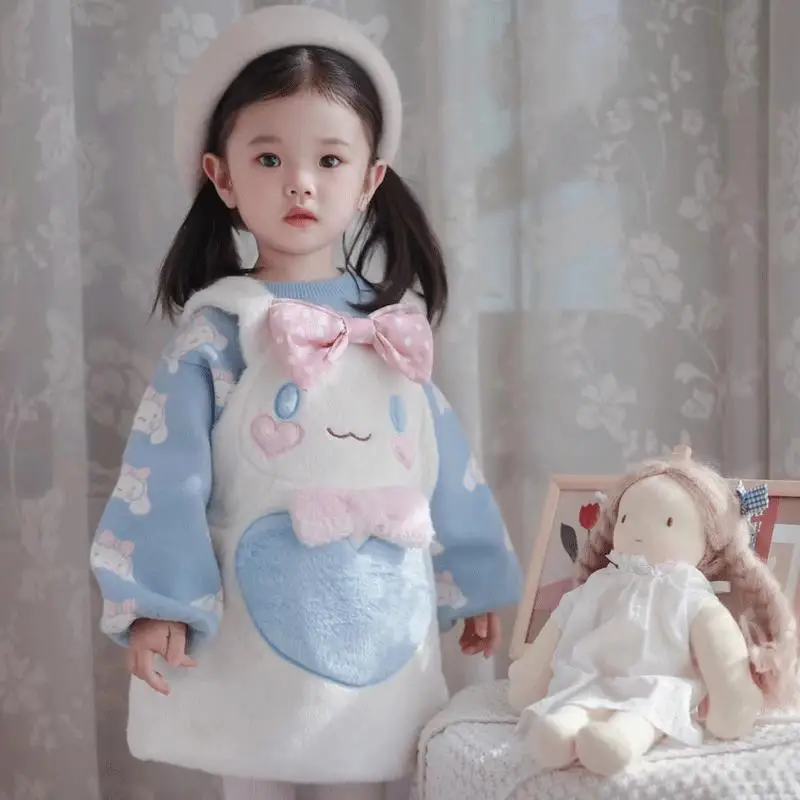 

2Pcs Sanrio Kawaii Anime Cinnamoroll Autumn Winter Plush Suspender Dress Cute Sweet Cartoon Warm Sweater Lovely Gifts for Girls