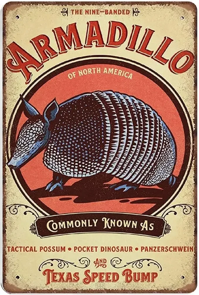 Retro Style Humorous Armadillo Poster Nine-Banded Print American Animals Home Decor Novelty Tin Metal Sign Plaque Bar