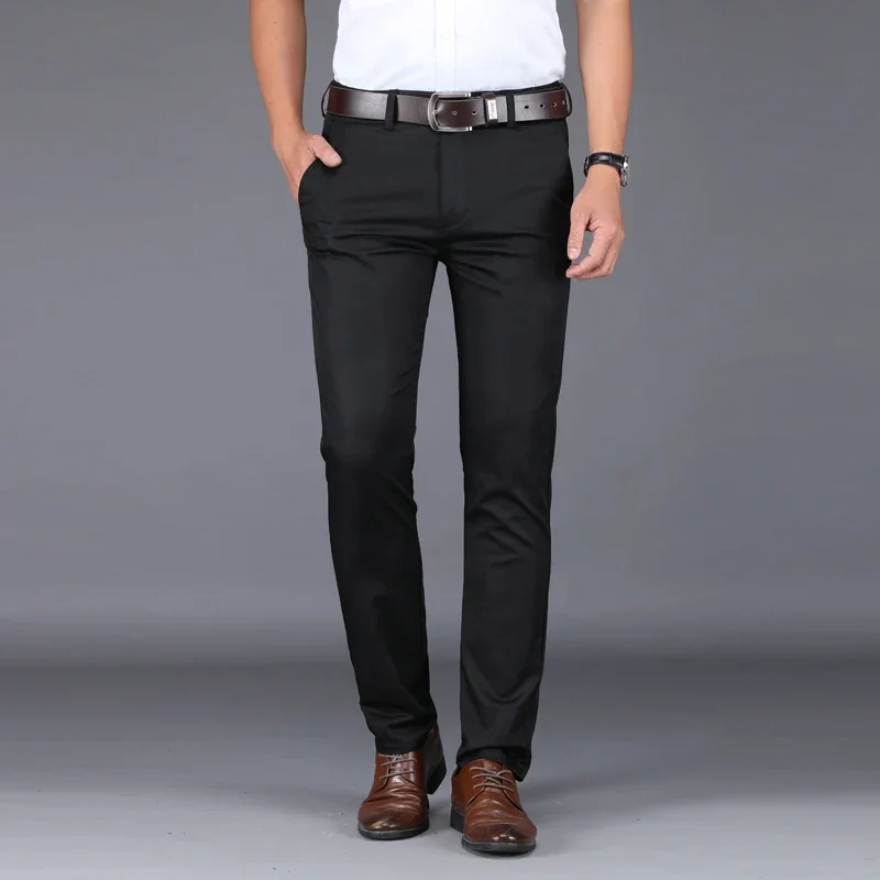 Summer Ultra-thin Mens Ice Silk Casual Pants Soft Comfortable Solid Color Elastic Business Straight Trousers Man Navy Blue Pants