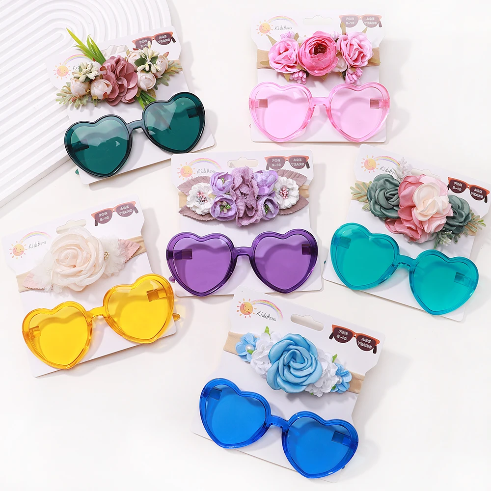 2Pcs/Set Artificial Flower Headband Sunglasses Set Kids Girls Geometry Protective Glasses Headwear Beach Hair Accessories Gift