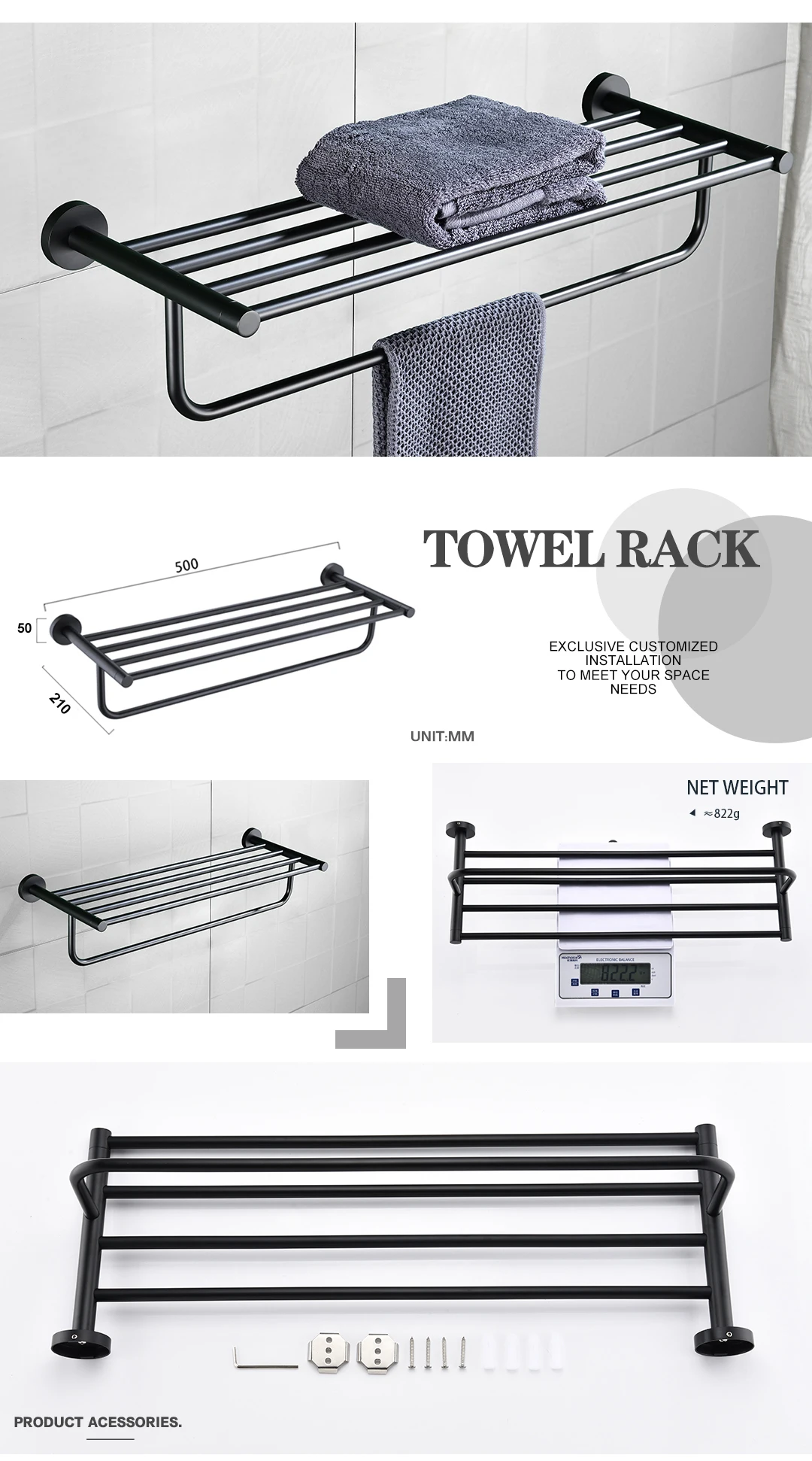 Description Picture 3 of itemMatt Black Double Towel Bars Kitchen Towel Hanger Stainless Steel Bathroom Accessories Towel Rack Ring Toilet Paper Brush Holder