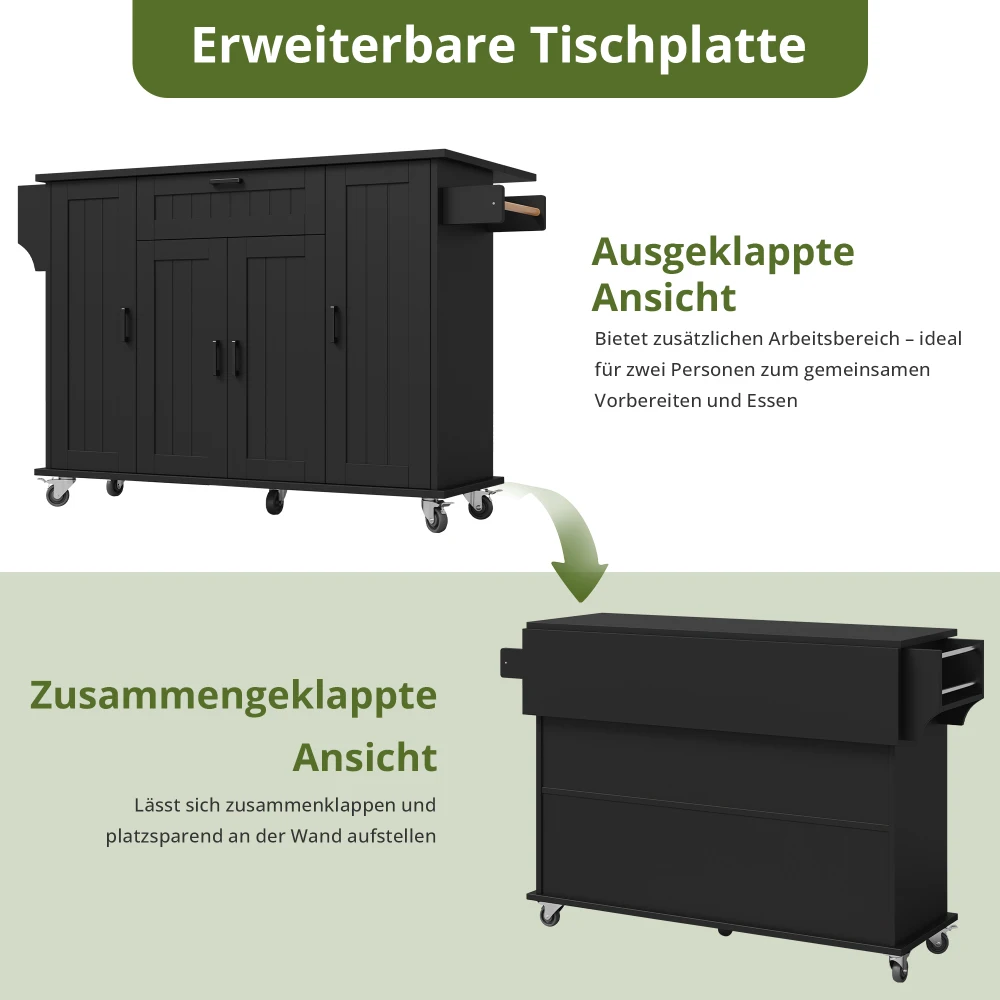 Kücheninsel mit Klappbarer Arbeitsfläche, Küchenwagen auf Rollen, Küchenschrank, Integrierte Gewürzregale, Handtuchhalter – Detail 23