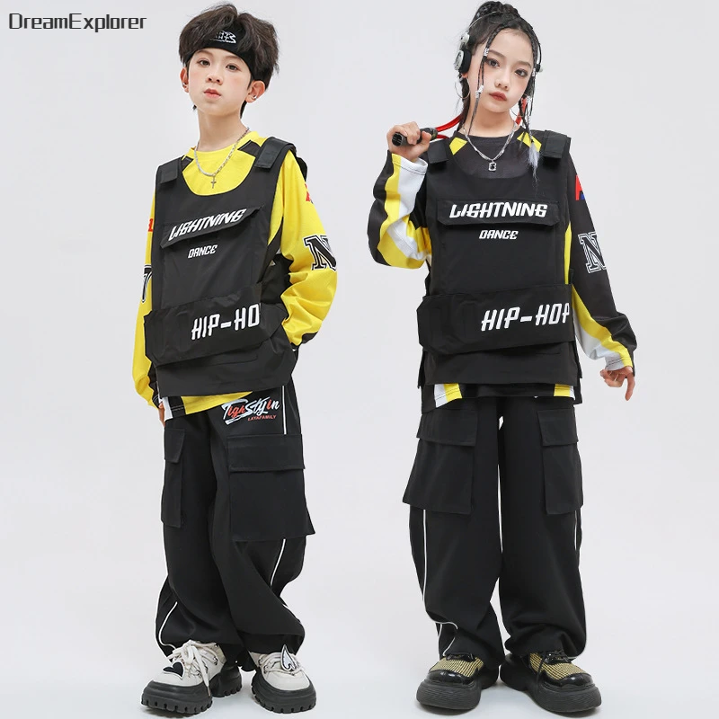 Boys Hip Hop Vest Contrast Sweatshirt Cagro Pants Girls Streetwear Child Street Dance Fake Two Piece Top Kids Jazz Clothes Sets