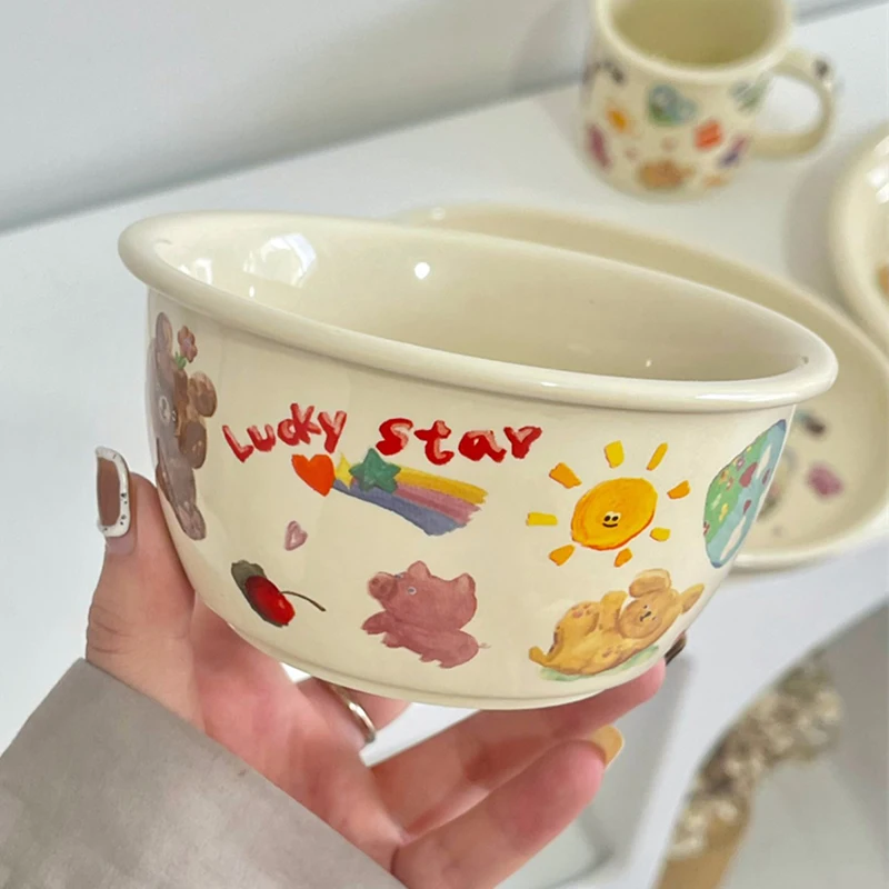 

Cartoon Animal Doodle Ceramic Mug Bowls Dessert Plates Heat Resistance Cute Tableware Breakfast Milk Coffee Mug Cereal Bowl
