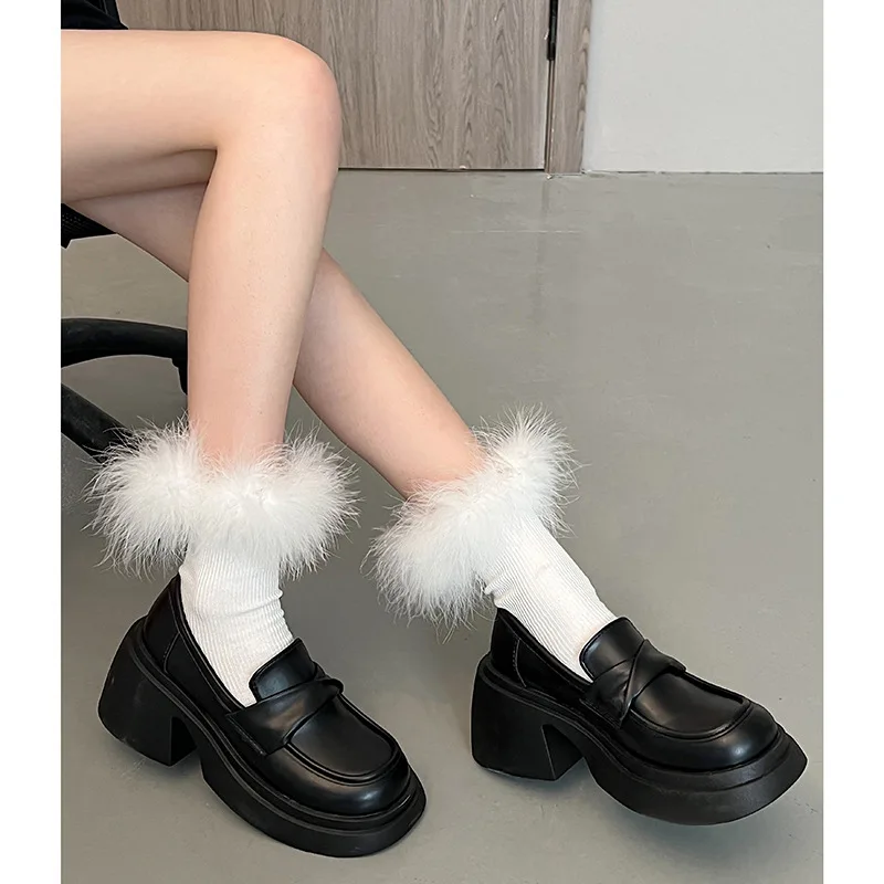 

Женские кроссовки с мехом, универсальные лоферы на платформе, с закрытым носком, в британском стиле, повседневная обувь с квадратным носком, на лето