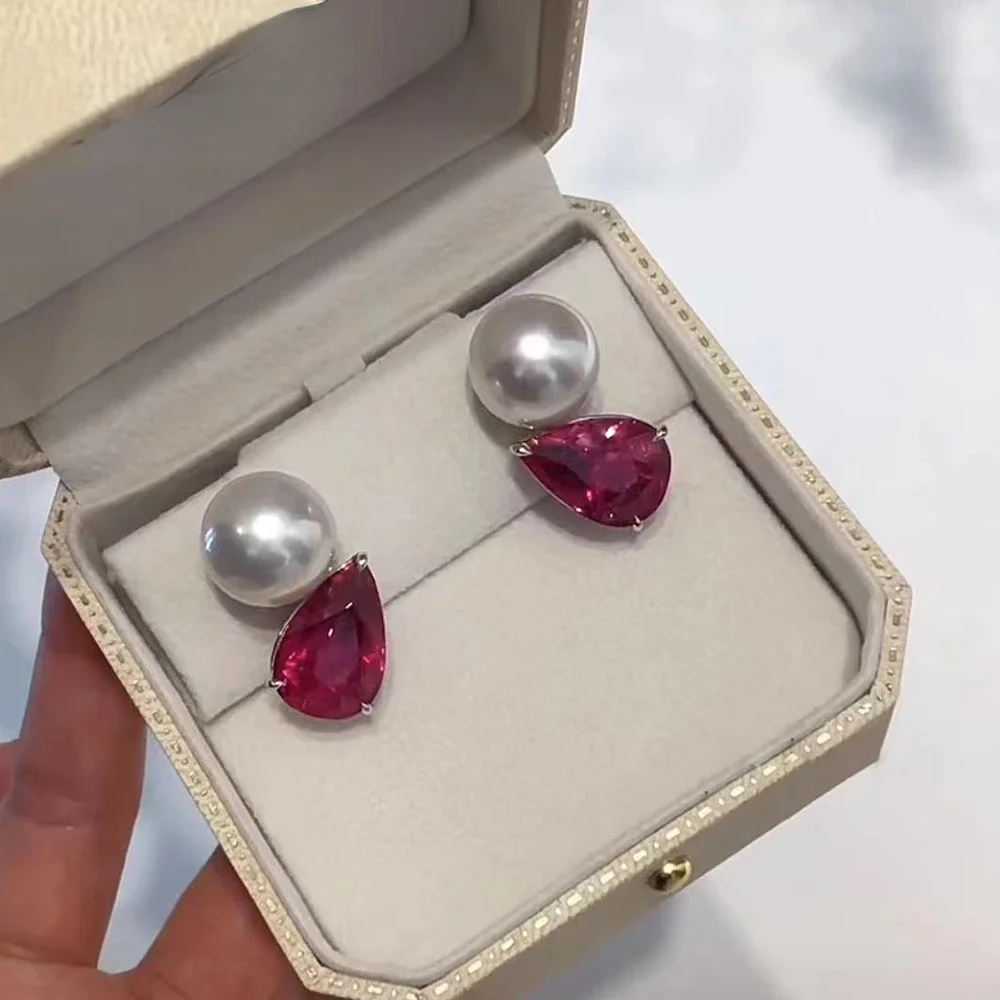 Cute Lady Pearl Ruby Stud Earring 100% Real 925 Sterling Silver Promise Orecchini Da Sposa Per Le Donne Gioielli Da Festa Nuziale