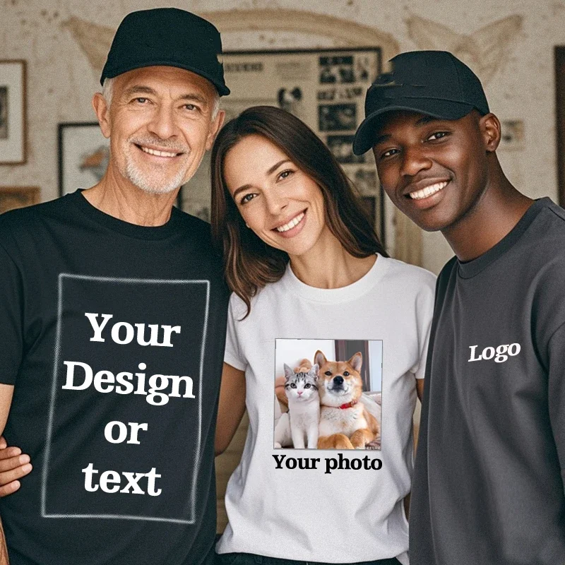 men's high-end gift custom 100% pure cotton custom T-shirt with professional printing of your own logo text photo on the front