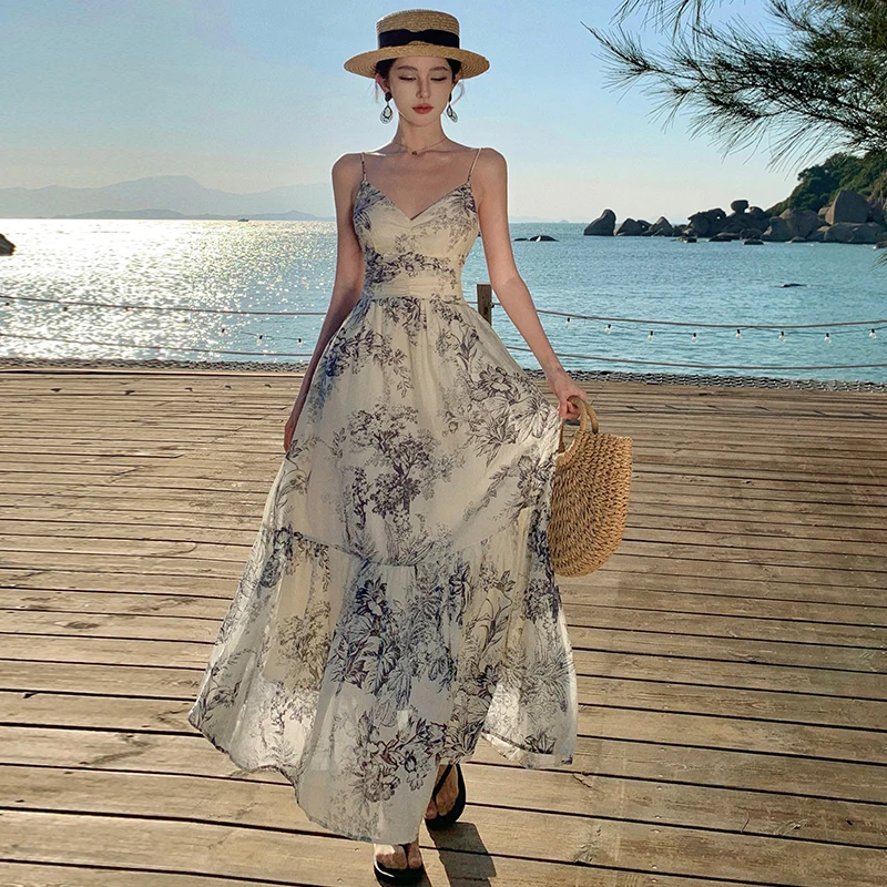

Женское праздничное пляжное платье макси, летнее богемное длинное платье без рукавов на бретелях-спагетти с открытой спиной и цветочным принтом, облегающее платье с высокой талией