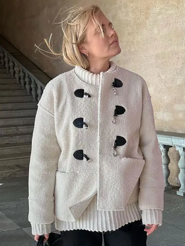 

Elegant Fashion Plush Long Sleeved O-neck Jacket Women's Casual Loose Single Breasted Coat Autumn/Winter Solid Warm Overcoat