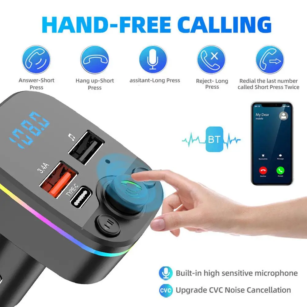 

Беспроводной FM-радионабор Bluetooth 5,0, автомобильный FM-передатчик, MP3, быстрая работа, громкая связь с модулятором, цветное зарядное устройство Am J4E2