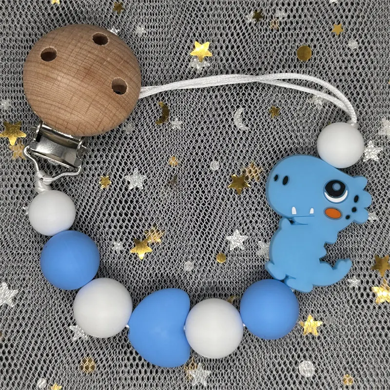 Baby Silicone Pacifier Clip Round Beech Dinosaur Beads Dummy Holder Clip for Teether Nursing Chew Toy Soothing Nipple Chain Gift