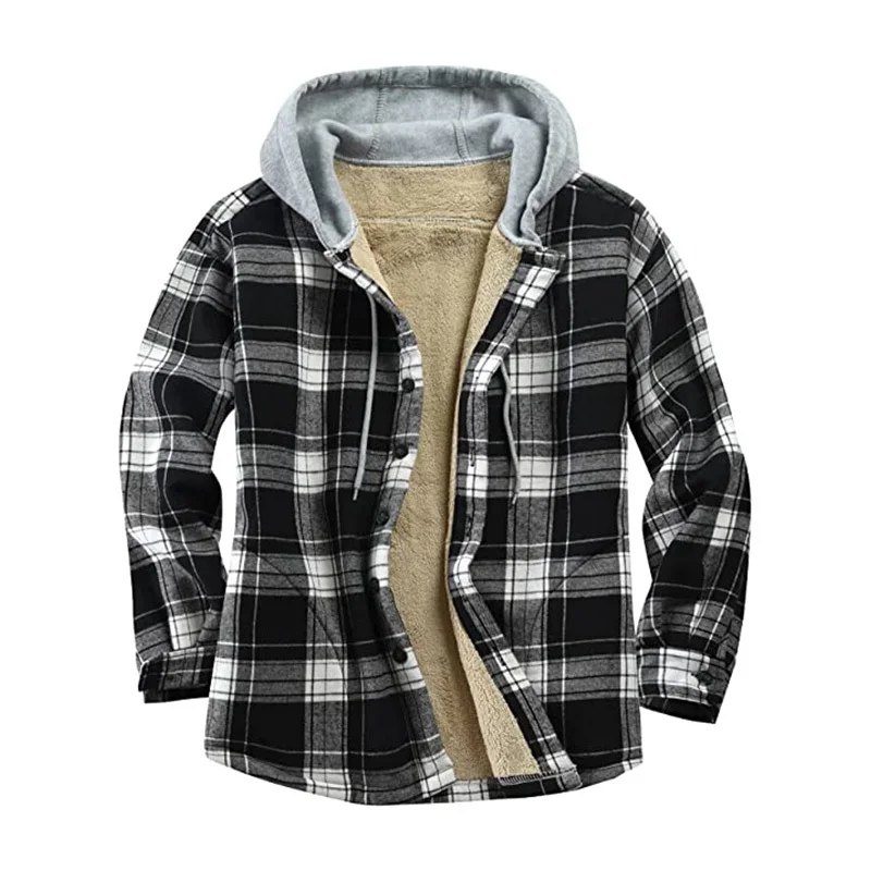 Mens Winter Flannel Shirt Jacket Classic Black And White Plaid Fleece Lined Coat Button Up Shirts Hoodie Outwear