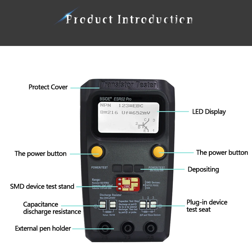 BSIDE ESR02 Pro Transistor Tester Digital Multimeter Diode Triode Resistor Capacitance Inductance MOSFET NPN Triac MOS Detector digital multimeter,transistor tester,multimeter tester