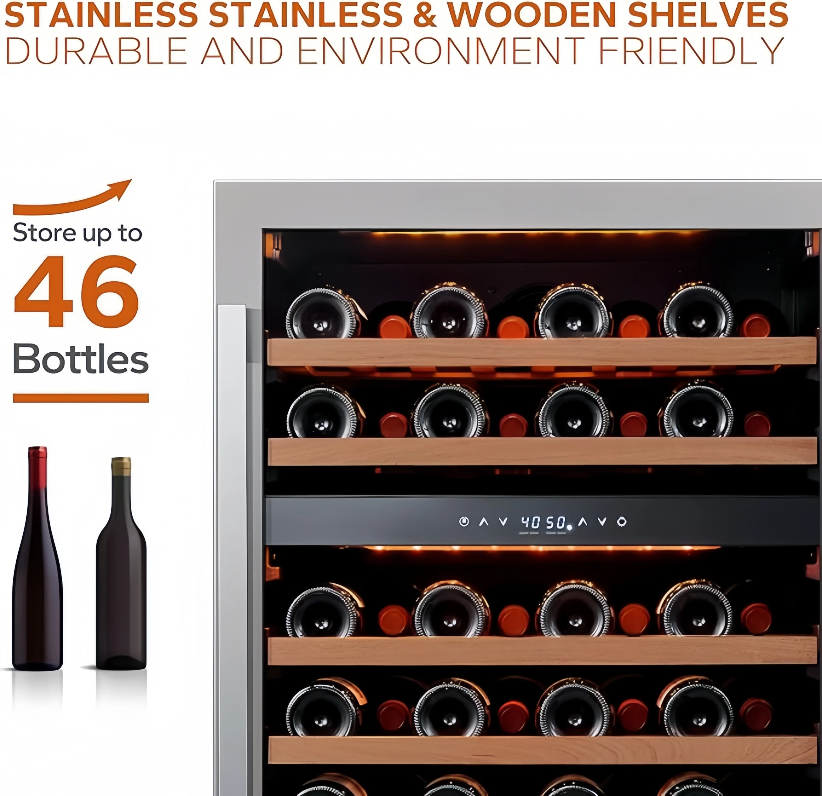 Powerful 46-Bottle Dual Zone Wine Cooler 24-Inch Home Refrigerator With 3 LED Lights & Glass Door Supermarket Application