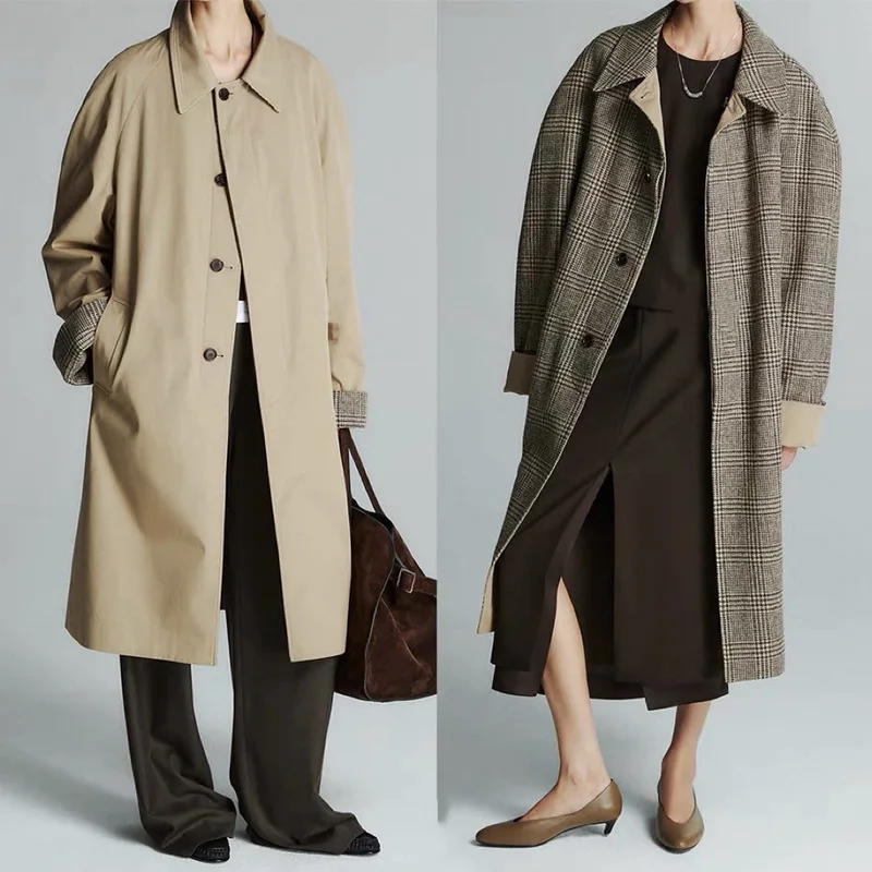 

Women's Wool Trench Coat Reversible Double Wear Color Woven Wool Plaid High Density Cotton Trench Coat Women Winter Clothes