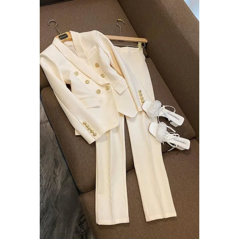 

Women's Autumn Vintage Casual Metal Double Breasted Suit Straight Leg Pants Set Commuter Solid Loose Suit Pants Two Piece Set