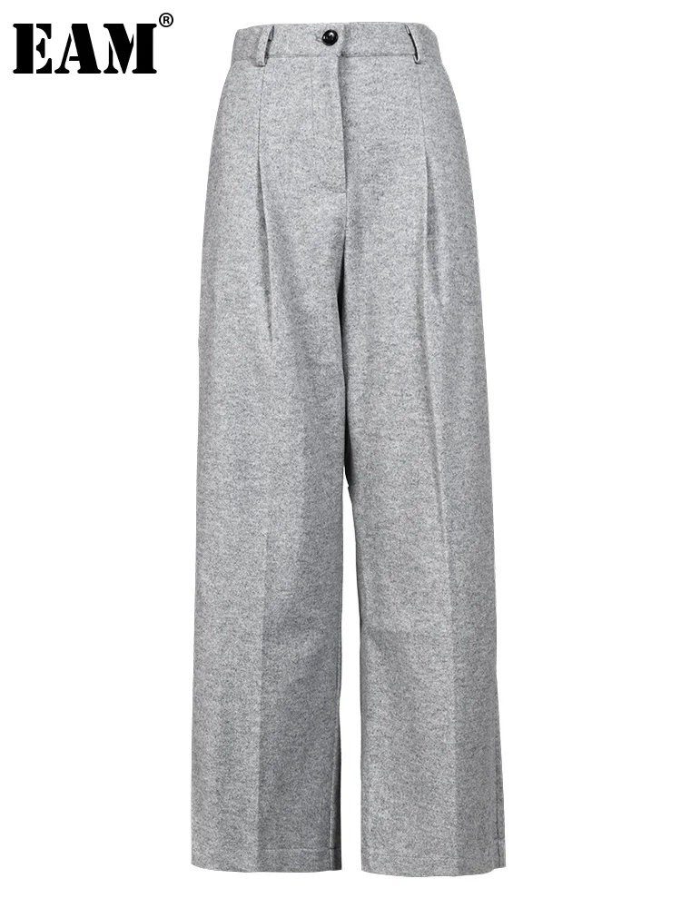 

[EAM] High Waist Gray Brief Wide Leg Long Woolen Pants New Loose Fit Trousers Women Fashion Tide Autumn Winter 2024 1DF442802