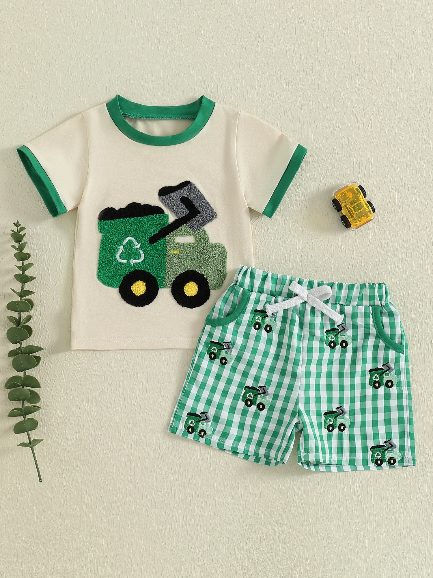 Description Picture 4 of itemToddler Boys Summer Shorts Sets Short Sleeve O Neck Tractor Embroidery Tops and Plaid Shorts