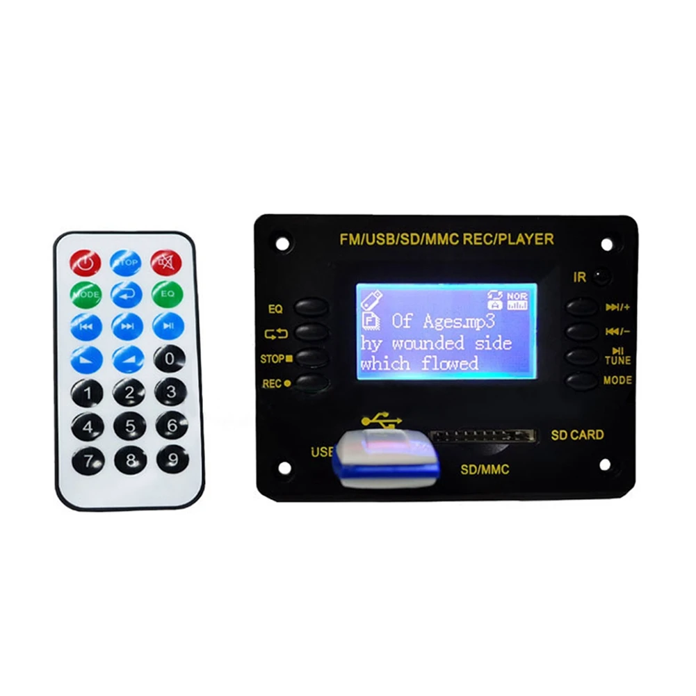 

12 В MP3 декодер, аудиоплата, mp3-плеер, Bluetooth 5,0 декодер, поддержка USB SD AUX FM EQ, отображение текстов, записывающее радио