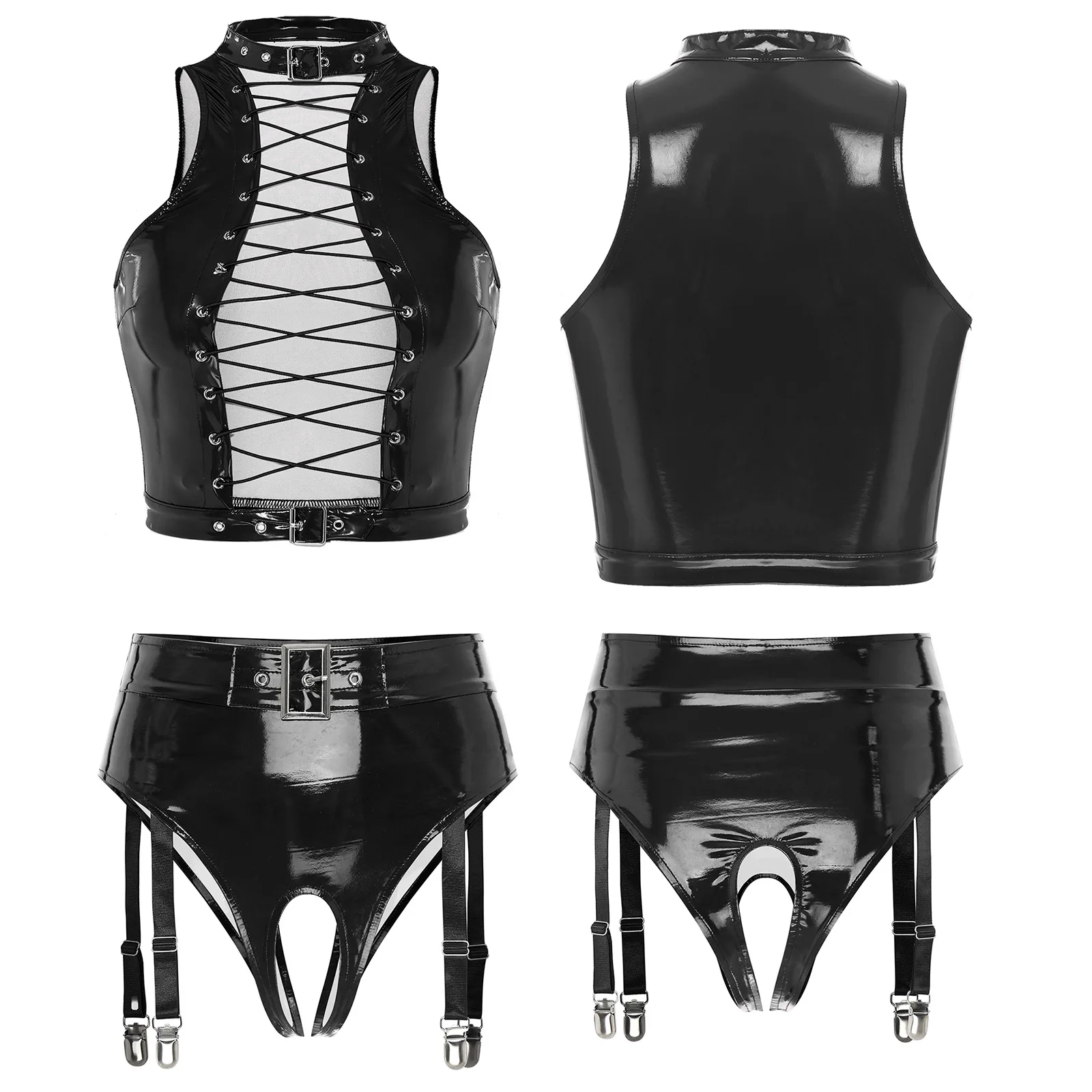 thumbnail image 1 of Conjunto de lencería sexy de charol para mujer, ropa de club de látex, top corto sin mangas con cordones en la parte delantera y liga con hebilla sin entrepierna, 1 of 5