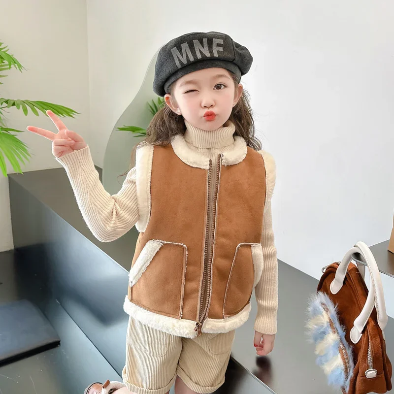 어린이용 두꺼운 따뜻한 조끼, 겨울 야외 의류, 여아 패딩 조끼, 패션 가죽 면 재킷, 2-6 세