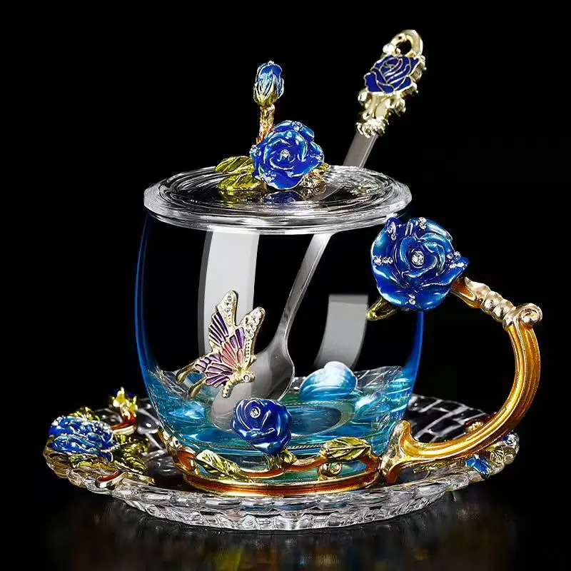 

High-end Enamel Water Cup, Household Rose Tea Cup, European Coffee Cup, Enamel Water Cup, Hot and Cold Drink Tea Cup Spoon