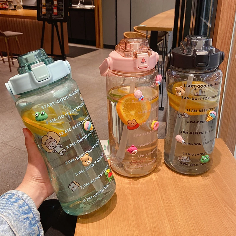 3pcs/set Large Capacity Water Bottle Straw Cup Gradient Color Plastic Water  Cups With Time Marker Fitness Sports Bottle Kettle - Water Bottles -  AliExpress