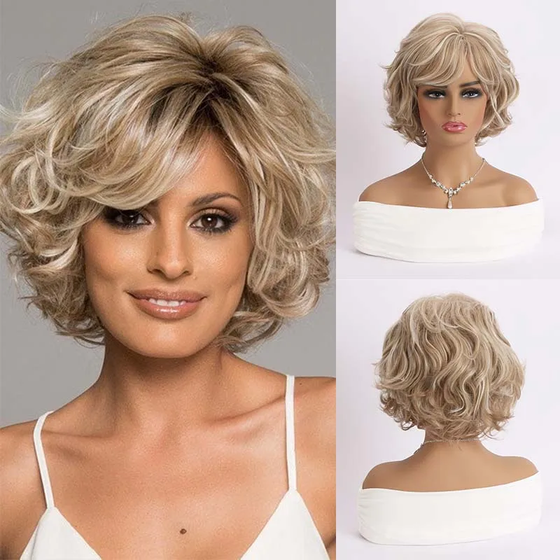 

Short Light Gold Natural Wave Fluffy Hair Synthetic Wig With Bangs For Women Pixie Cut Natural Wavy Heat Resistant Cosplay Wigs