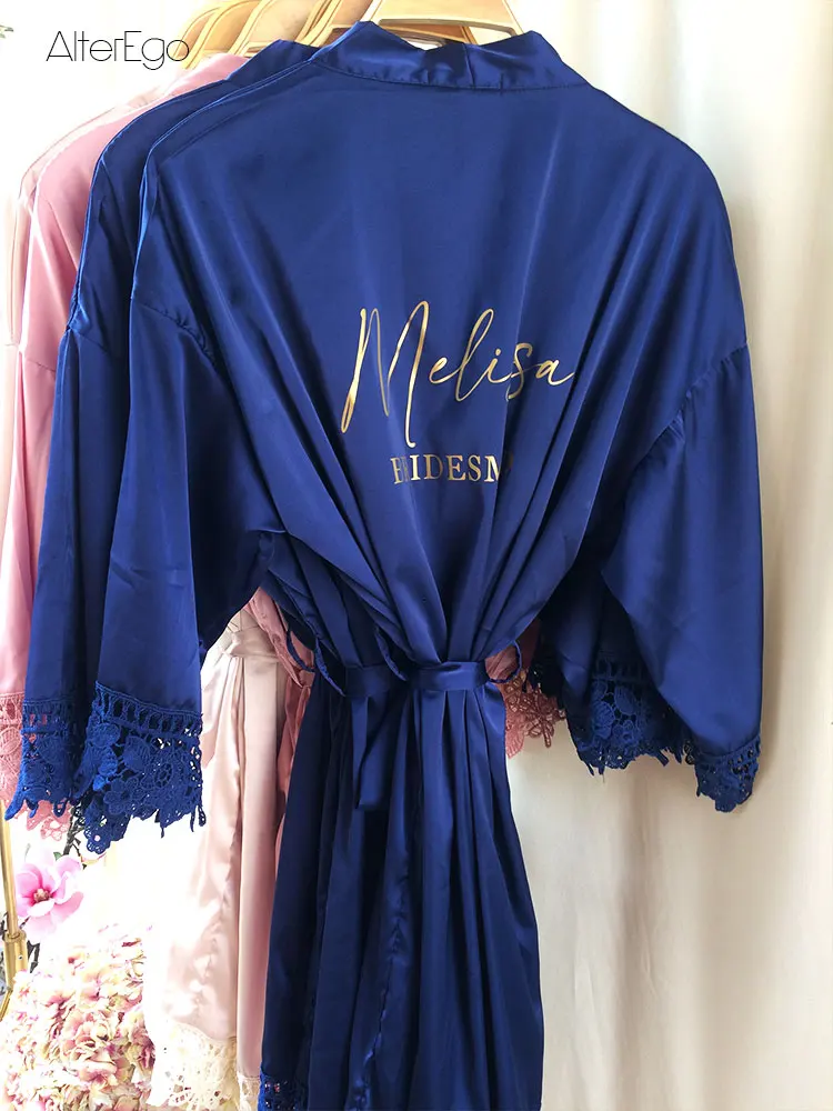 Navy Blue Robes Lace Trim Dressing Gowns Satin Silk Personalisation of BRIDESMAID Kimono MOTHER OF THE BRIDE Robe MAID OF HONOUR