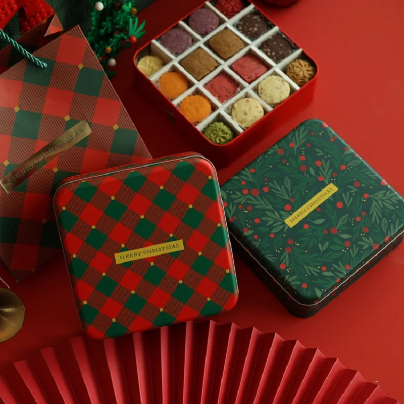 

Christmas Square Candy Storage Box Empty Tinplate Cookie Coffee Packaging Case DIY Cake Tea Dessert Container For Home Organizer