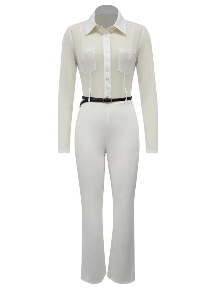 Wmstar Women's Jumpsuit Wholesale High Waist Fashion Halter Sexy Low Cut See Through Slimming Drop Shopping New Style with Belt